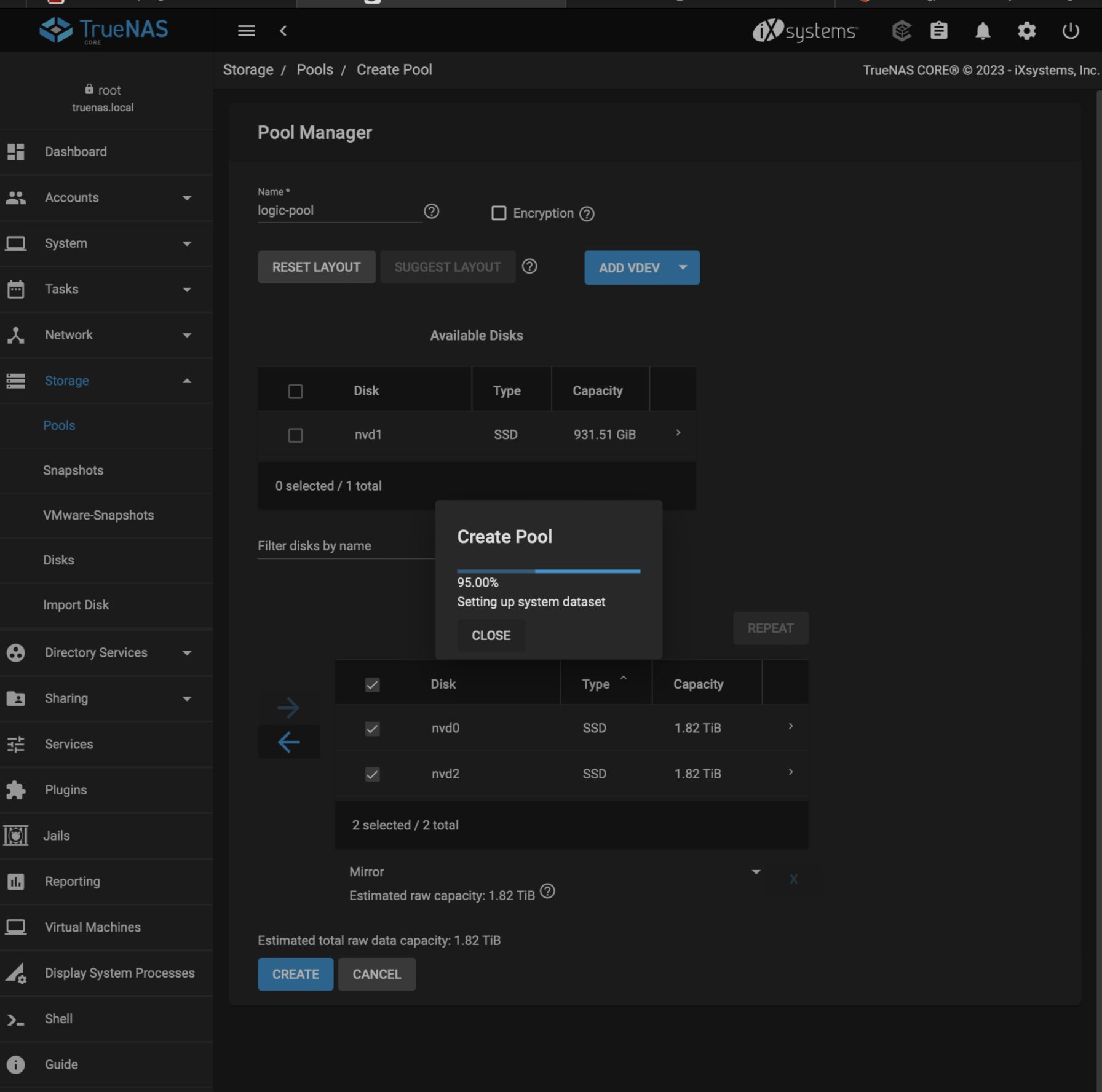 Creating logic-pool during the original TrueNAS CORE phase