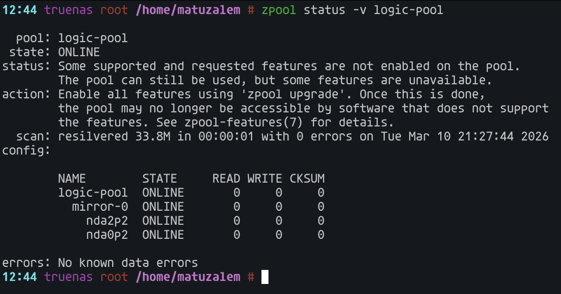 Final healthy state with both mirror members back online and no known data errors